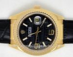 Rolex Replica Datejust Watch - GOLD w/ Black Wave Face Black Leather Band
